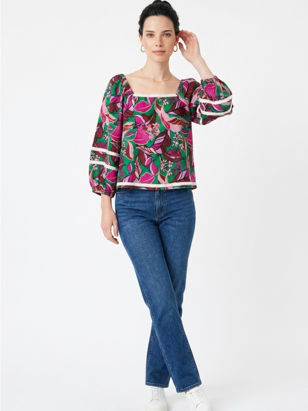 Cynthia Rowley Womens LG Purple Green Linen 3/4 Sleeve White Knit Trim Crop Top